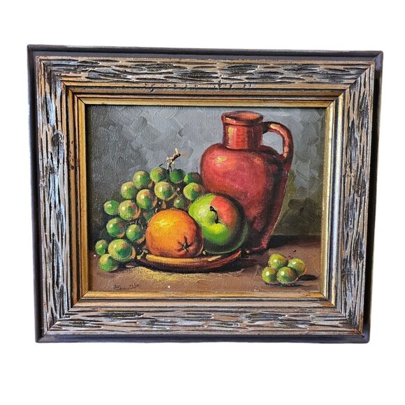 Vintage Still‎ Life Fruit Bowl Oil Painting Apple Canvas Wood Frame Midcentury